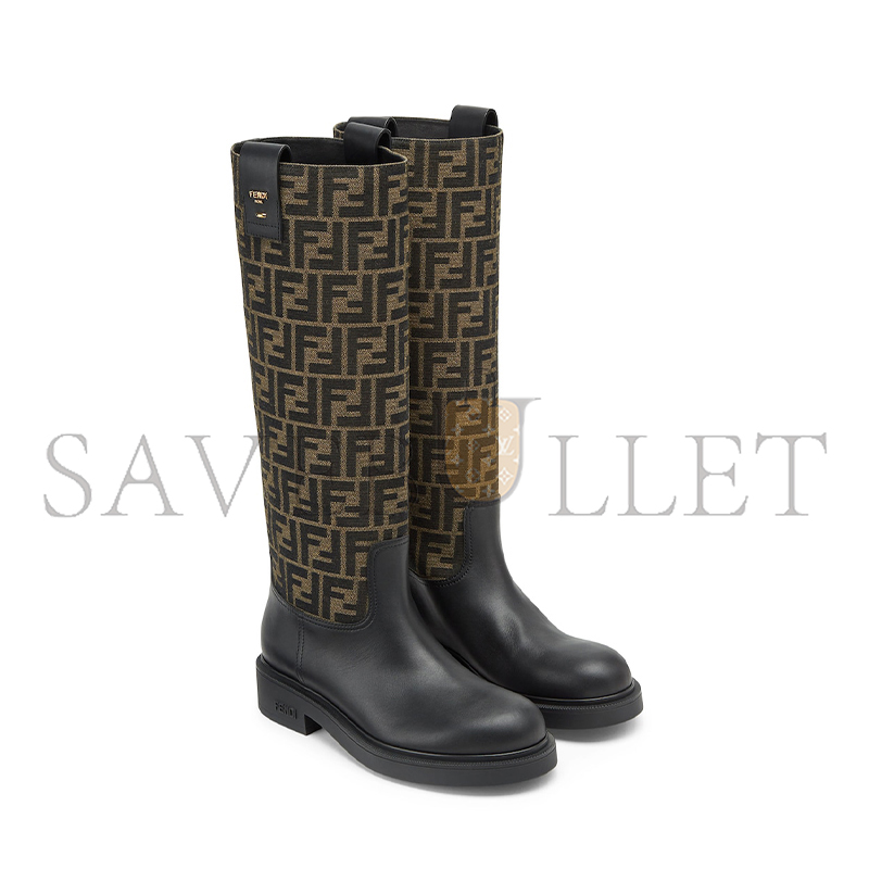 FENDI FILO BLACK LEATHER AND BROWN FF FABRIC BOOTS 8W8574AHGYF0PMM